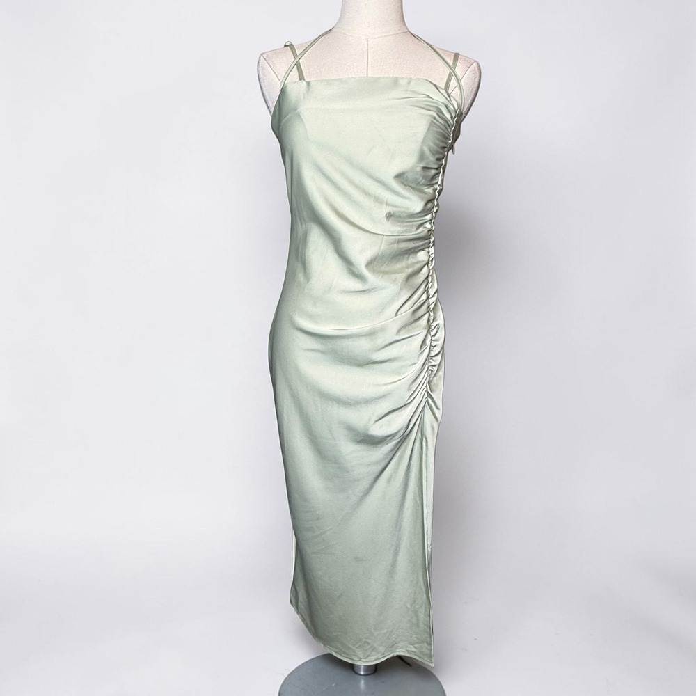 4th and Reckless Satin Strappy Ruched Midi Dress Mint Green Wedding Guest Resort